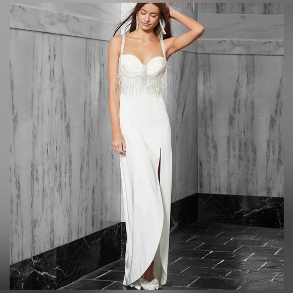 Gianni Bini Sweetheart Neckline Beaded Fringe Front Slit Black Embellished Dress - Picture 6 of 10